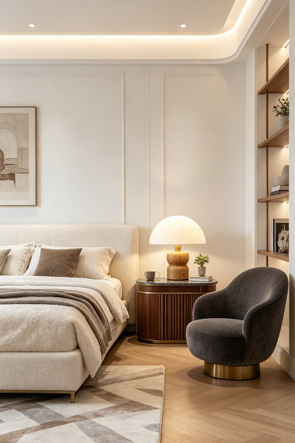Kira Sculpted Mushroom Table Lamp | Wood, Glass | Placed as cozy bedside lighting on a dark wood nightstand next to a plush bed and a grey velvet accent chair | vexa lamps