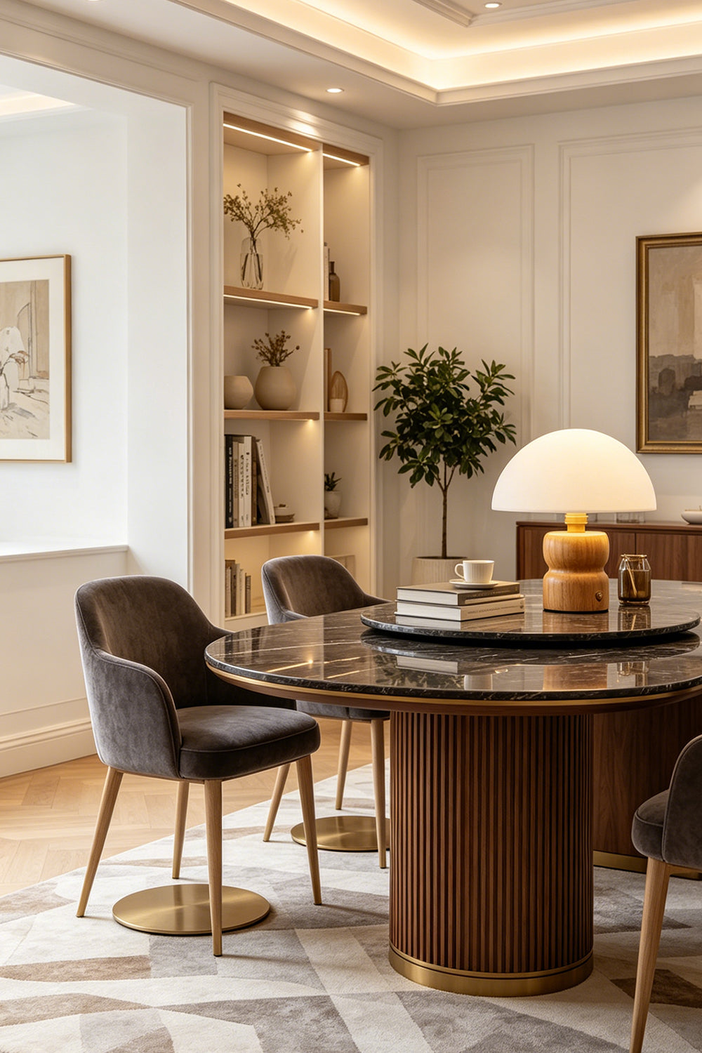 Kira Sculpted Mushroom Table Lamp | Wood, Glass | Serving as a sophisticated centerpiece on a round fluted dark wood dining table surrounded by velvet chairs | vexa lamps