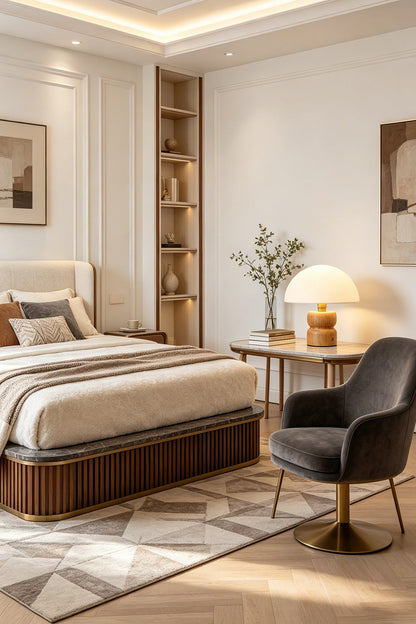 Kira Sculpted Mushroom Table Lamp | Wood, Glass | Wide perspective of an elegant contemporary bedroom showcasing the lamp providing a warm glow on the bedside table | vexa lamps