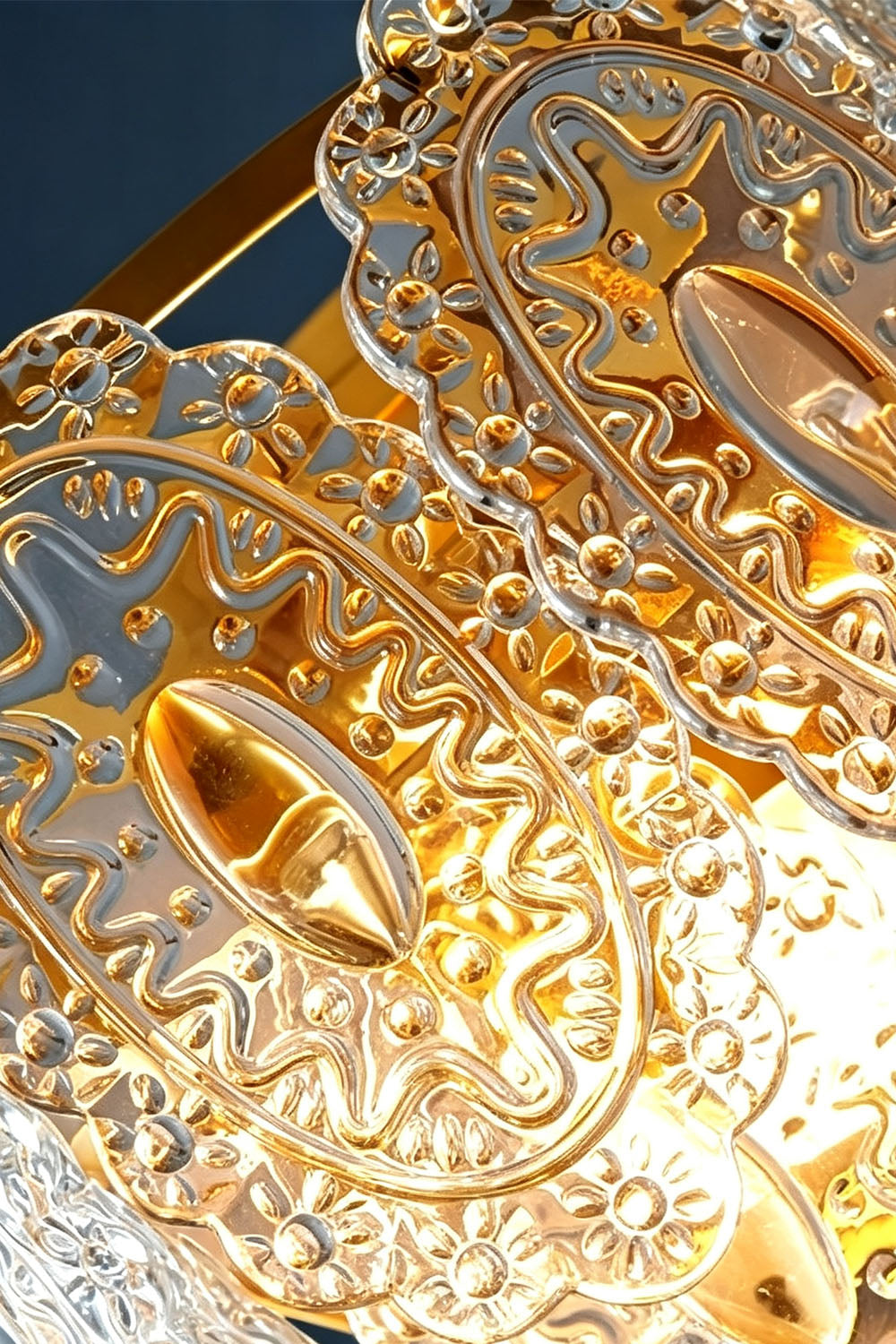 Lavinia Pressed Glass Tier Wall Sconce | Pressed Glass and Brass | Close-up view highlighting the intricate pressed glass patterns | vexa lamps