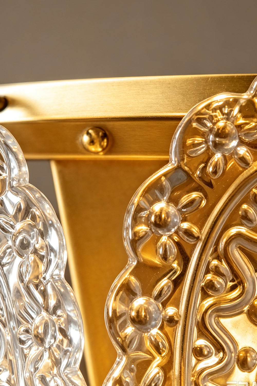 Lavinia Pressed Glass Tier Wall Sconce | Pressed Glass and Brass | Detail shot showing the brass metal frame and glass attachments | vexa lamps