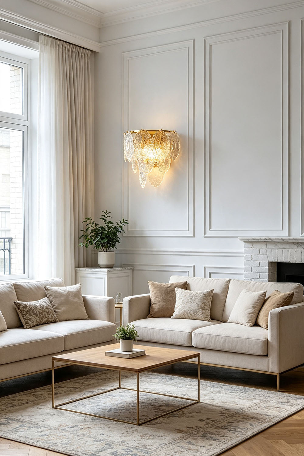 Lavinia Pressed Glass Tier Wall Sconce | Pressed Glass and Brass | Decorating an elegant living room wall above a cozy seating area | vexa lamps