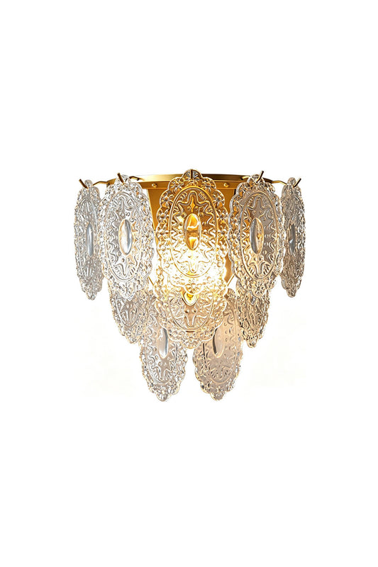 Lavinia Pressed Glass Tier Wall Sconce | Pressed Glass and Brass | Front full view on a pure white background, illuminated | vexa lamps