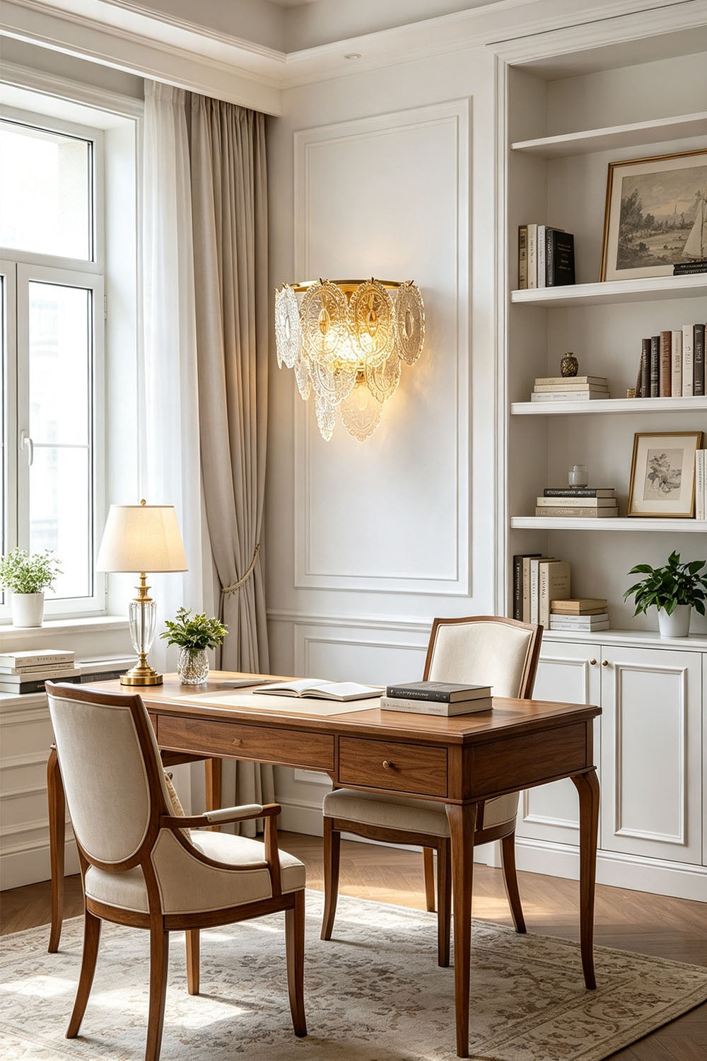 Lavinia Pressed Glass Tier Wall Sconce | Pressed Glass and Brass | Illuminating a home office space above a wooden desk near a window | vexa lamps