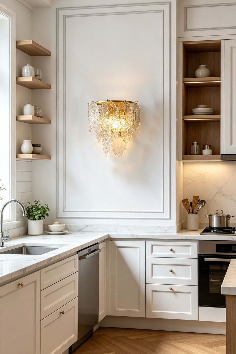 Lavinia Pressed Glass Tier Wall Sconce | Pressed Glass and Brass | Enhancing a modern white kitchen wall above a wooden counter | vexa lamps
