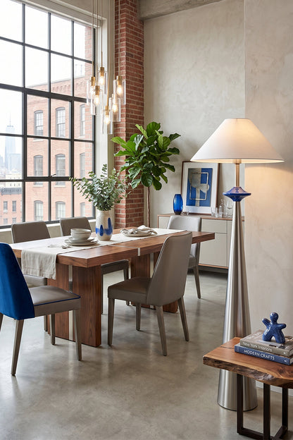 Lazuro Postmodern Cone Floor Light | Metal, Fabric | Positioned beautifully in a spacious bright dining space near a long wooden table and coordinating blue accents | vexa lamps