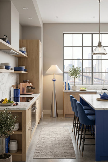 Lazuro Postmodern Cone Floor Light | Metal, Fabric | Staged in a contemporary kitchen alleyway near minimalist wood cabinetry and a kitchen island with navy blue stools | vexa lamps