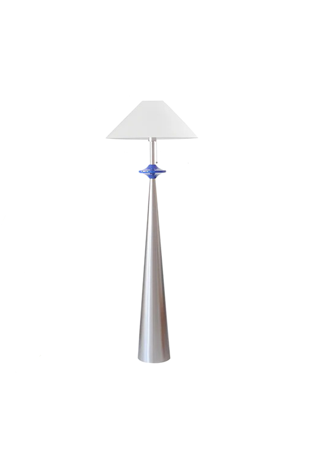 Lazuro Postmodern Cone Floor Light | Metal, Fabric | Isolated unlit view of a postmodern floor lamp featuring a tall tapered silver chrome conical base, a distinctive cobalt blue puck accent, and a white cone shade | White background | vexa lamps