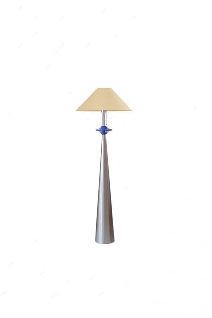Lazuro Postmodern Cone Floor Light | Metal, Fabric | Isolated studio shot of the floor lamp illuminated with a warm yellowish glow on a solid white backdrop | vexa lamps