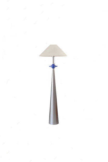 Lazuro Postmodern Cone Floor Light | Metal, Fabric | Front studio presentation of the unlit cone floor lamp variation showing the matte white shade and cobalt blue puck | vexa lamps