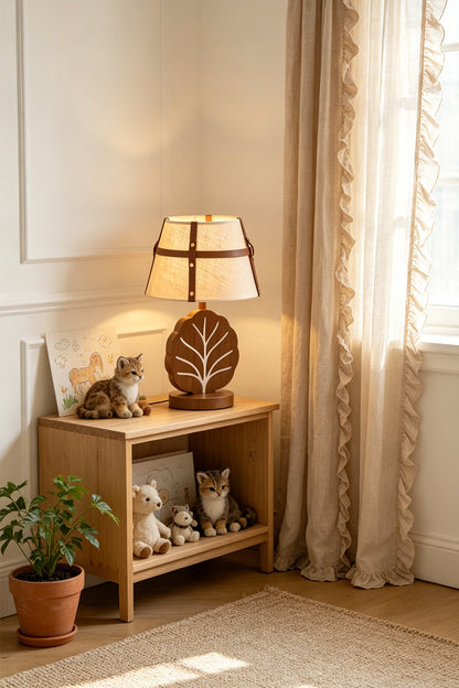 Leafora Botanical Leaf Table Light | Wood, Fabric, Leather | Providing a warm ambient glow on a small wooden console shelf in a sunlit room corner decorated with green potted plants | vexa lamps