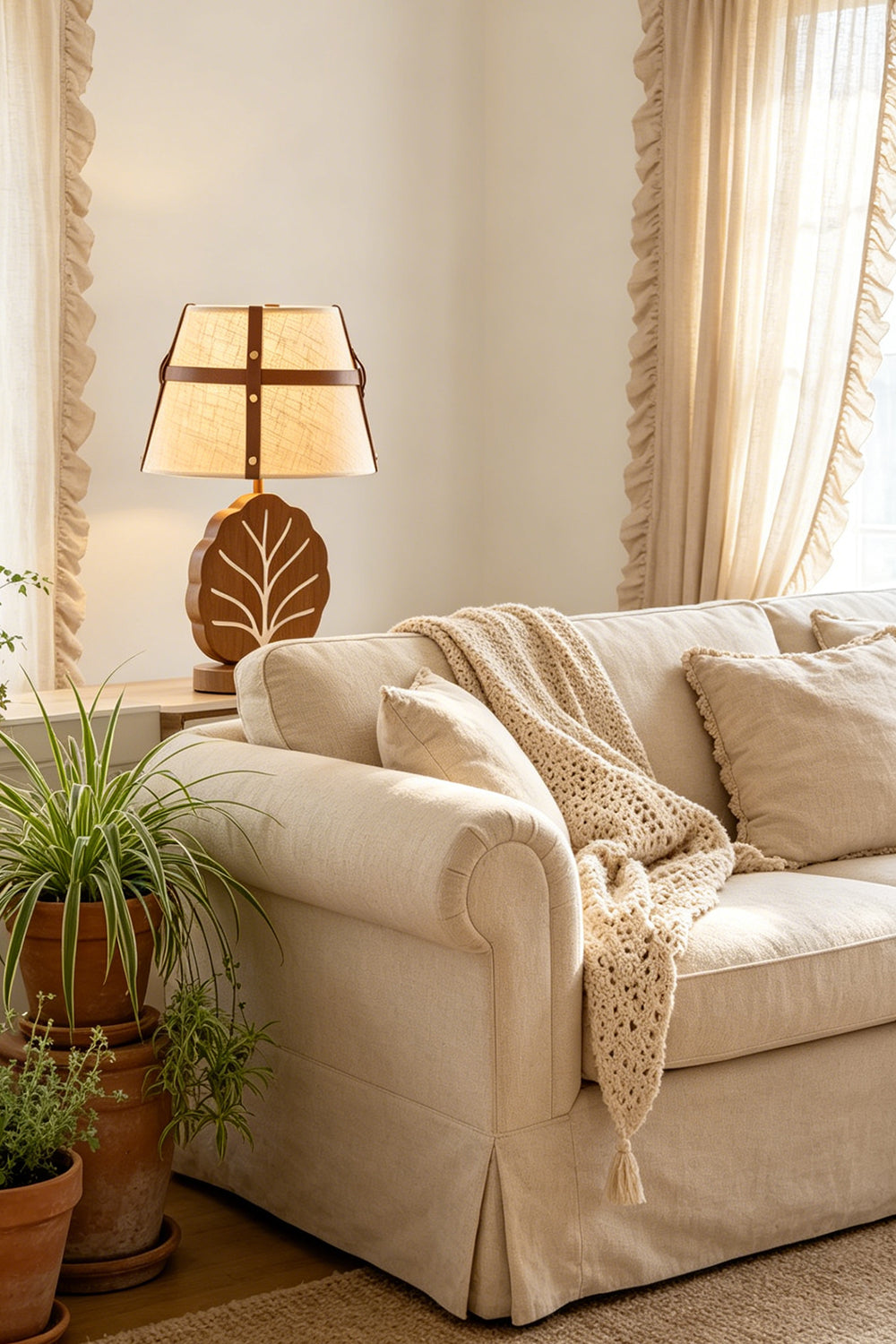 Leafora Botanical Leaf Table Light | Wood, Fabric, Leather | Placed on a side table next to a plush cream linen sofa with a cozy throw blanket, enhancing a warm cottage living room vibe | vexa lamps