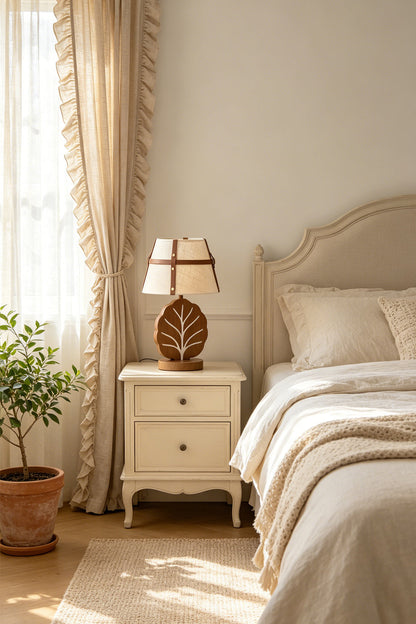 Leafora Botanical Leaf Table Light | Wood, Fabric, Leather | Set on a classic cream nightstand casting a warm, welcoming light in a serene bedroom next to a linen-draped window | vexa lamps