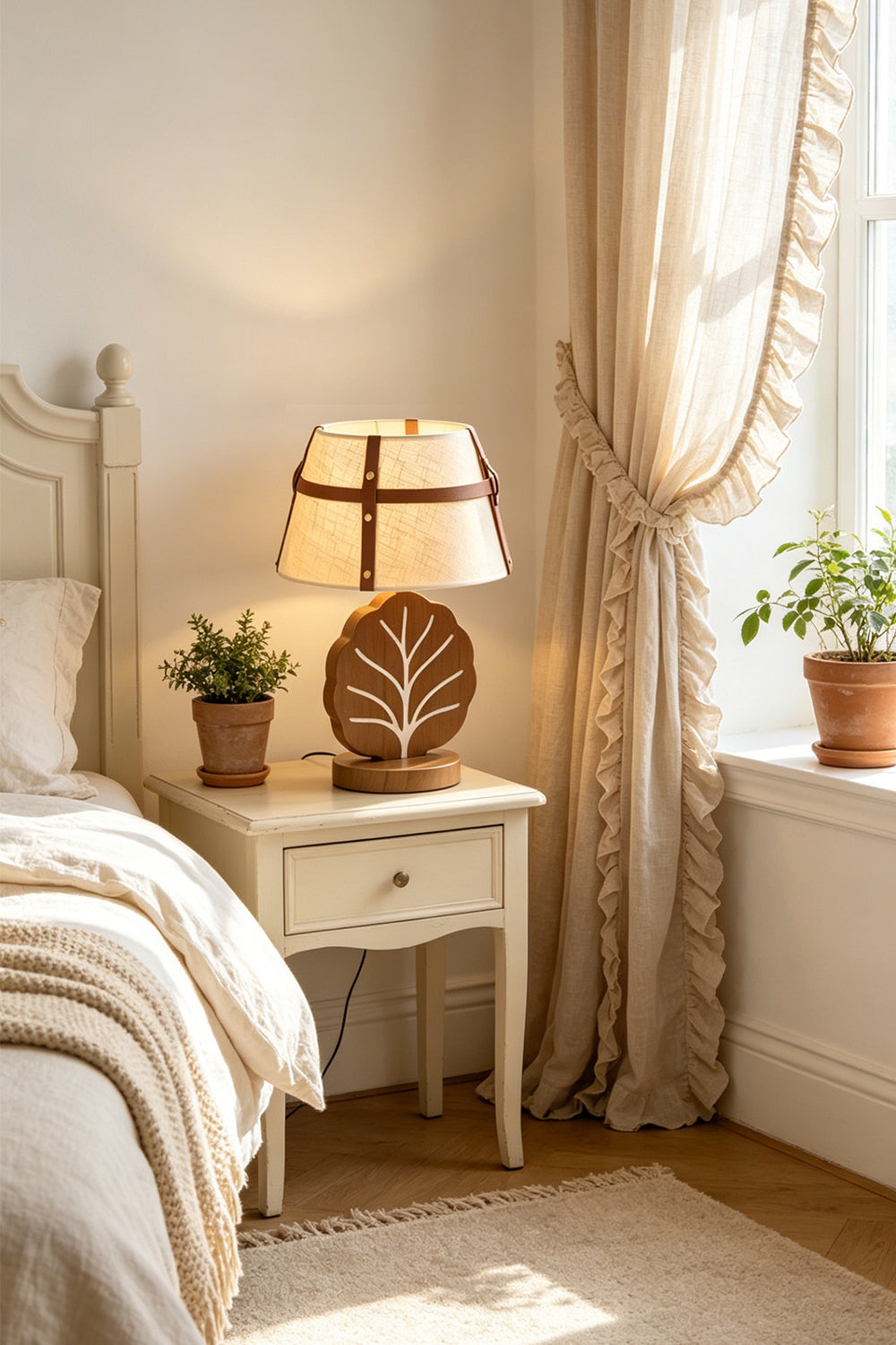 Leafora Botanical Leaf Table Light | Wood, Fabric, Leather | Illuminated bedside lamp sitting on a white vintage nightstand in a cozy farmhouse bedroom next to a bed with neutral linens | vexa lamps