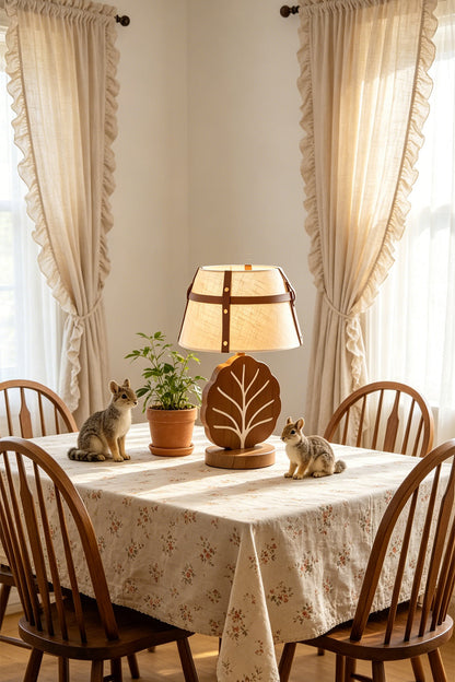 Leafora Botanical Leaf Table Light | Wood, Fabric, Leather | Serving as a whimsical centerpiece on a dining table with a patterned cloth, surrounded by wooden chairs near curtains | vexa lamps