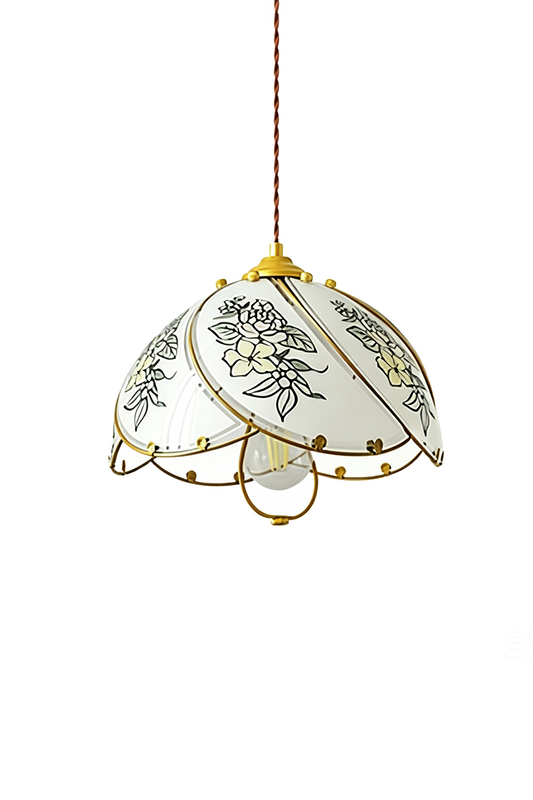 Lillian Retro Floral Pendant Lamp | Glass, Metal | Vintage-style pendant light with a white scalloped glass shade painted with delicate floral patterns and a gold metal wire frame | Isolated product shot on white background | vexa lamps