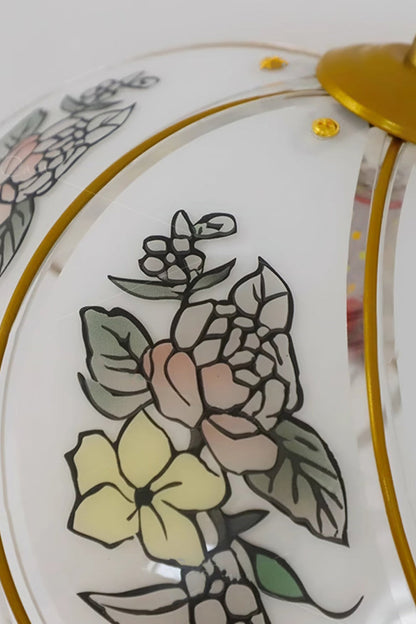 Lillian Retro Floral Pendant Lamp | Glass, Metal | Macro close-up view of the unlit white glass panel showcasing elegant hand-painted rose and green leaf motifs | Detail shot | vexa lamps