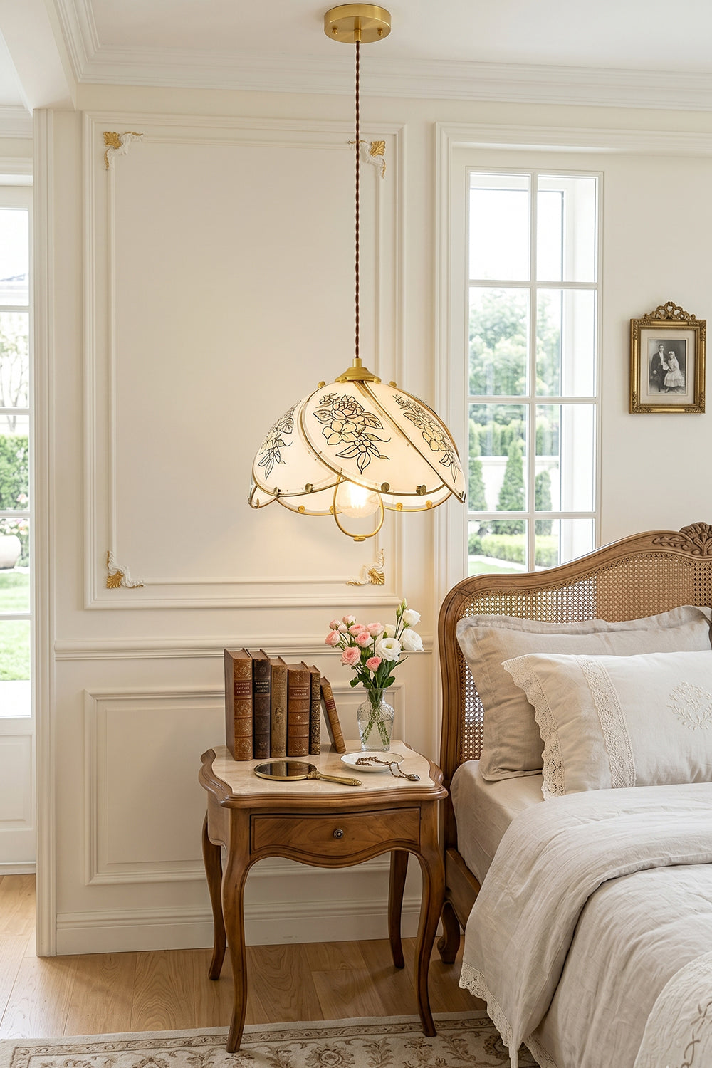 Lillian Retro Floral Pendant Lamp | Glass, Metal | Hanging as an elegant bedside lamp over a classic wooden nightstand in a bright white paneled bedroom | vexa lamps