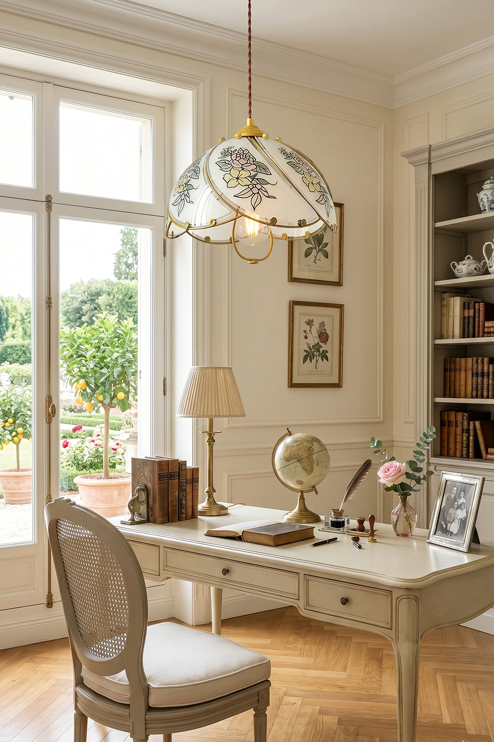 Lillian Retro Floral Pendant Lamp | Glass, Metal | Illuminating a minimalist white writing desk and traditional chair near a large glass door in a sunlit room | vexa lamps