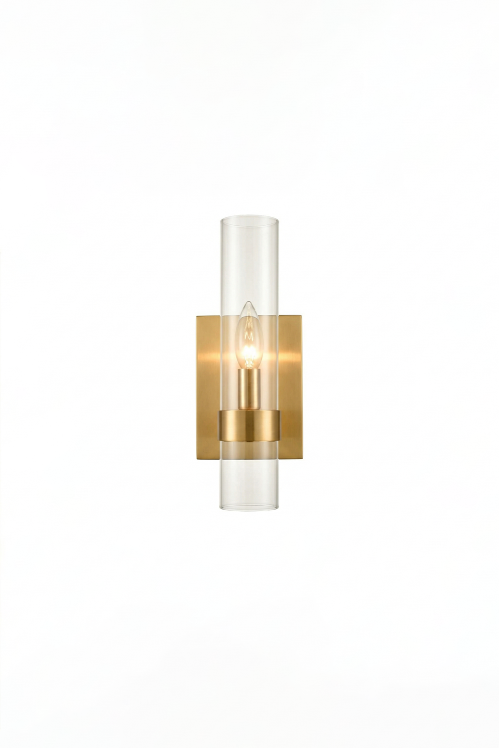Lit linear brass and glass wall sconce | Brass, Glass | Front view isolated on white background | vexa lamps
