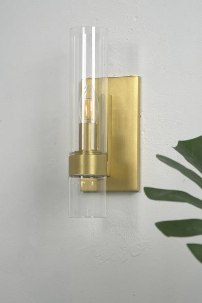 Linear metallic brass glass wall sconce | Brass, Glass | Close-up view on a clean white wall | vexa lamps
