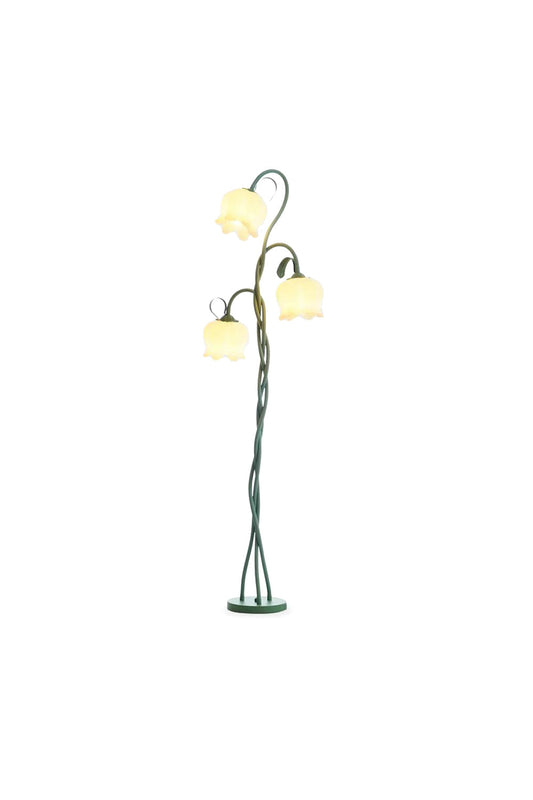 Linnea Tulip Bloom Floor Lamp | Glass and Green Metal | Front full view on a pure white background, illuminated | vexa lamps