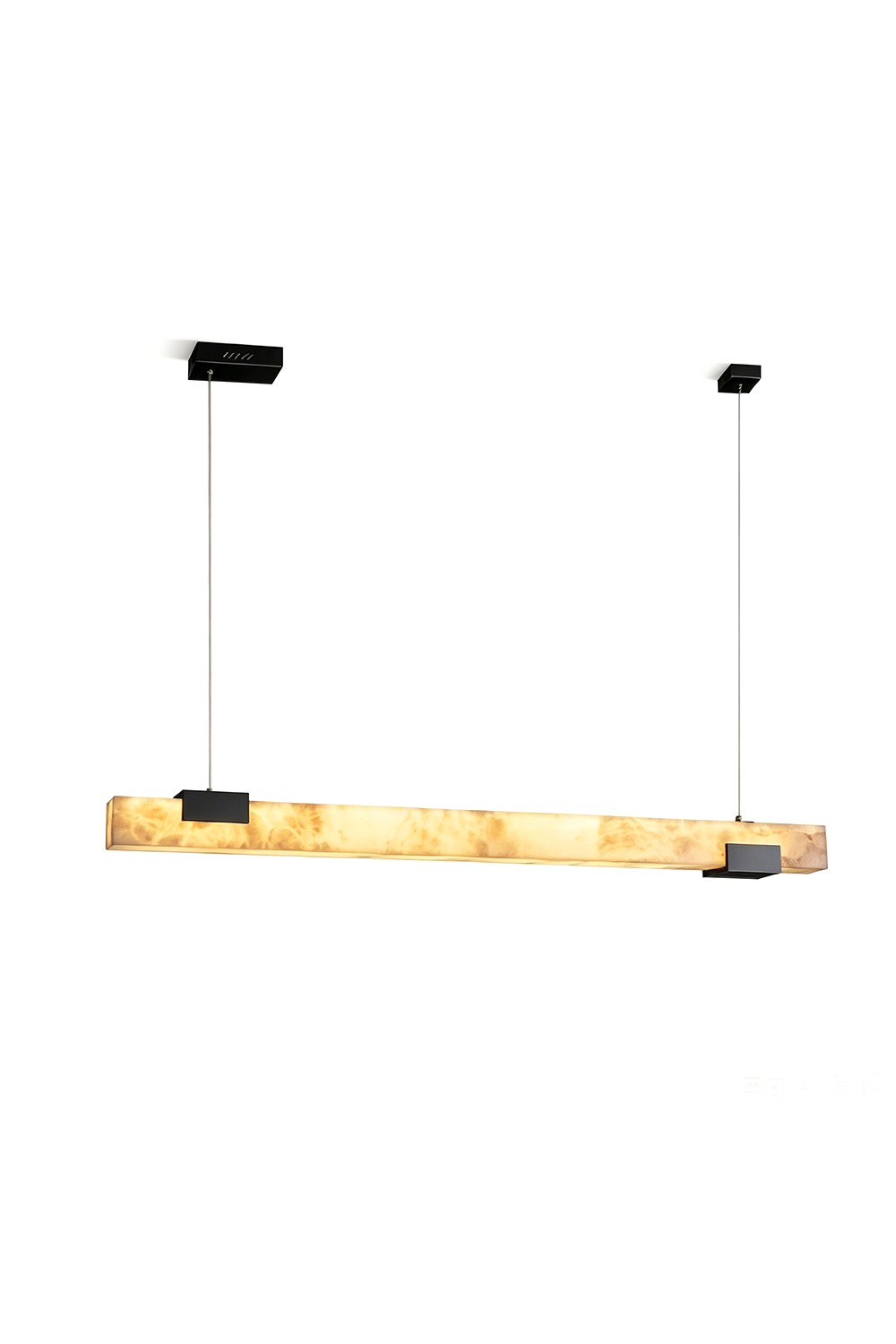Liora Linear Alabaster Pendant Light | Natural Alabaster and Black Metal | Glowing softly against a pure white background showcasing its sleek block linear design | vexa lamps