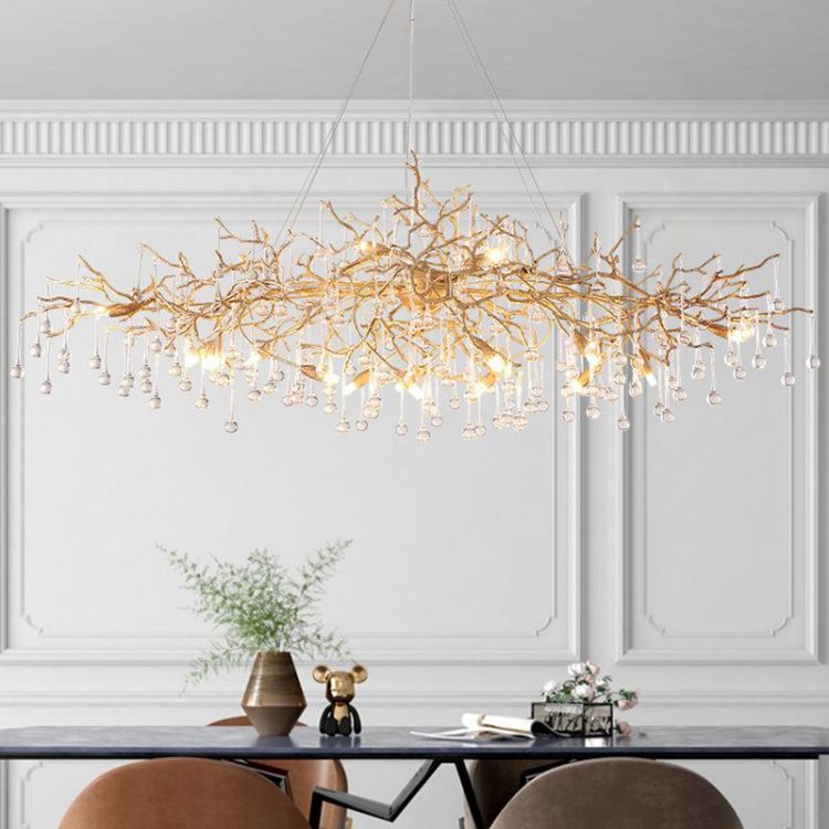 Arcadia Clear Teardrop Oval Dining Branch Chandelier, Brass Branch Chandelier