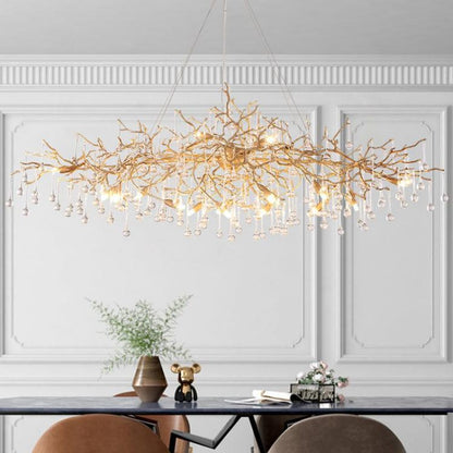 Arcadia Clear Teardrop Oval Dining Branch Chandelier, Brass Branch Chandelier