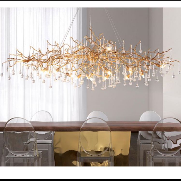 Arcadia Clear Teardrop Oval Dining Branch Chandelier, Brass Branch Chandelier