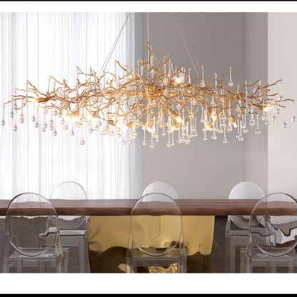 Arcadia Clear Teardrop Oval Dining Branch Chandelier, Brass Branch Chandelier