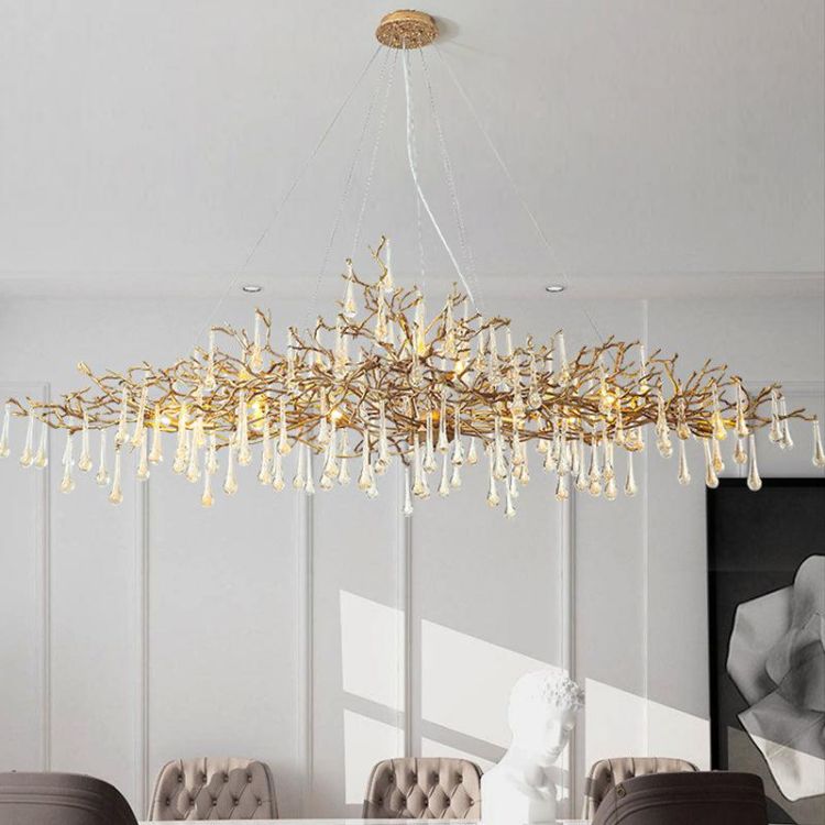 Arcadia Clear Teardrop Oval Dining Branch Chandelier, Brass Branch Chandelier