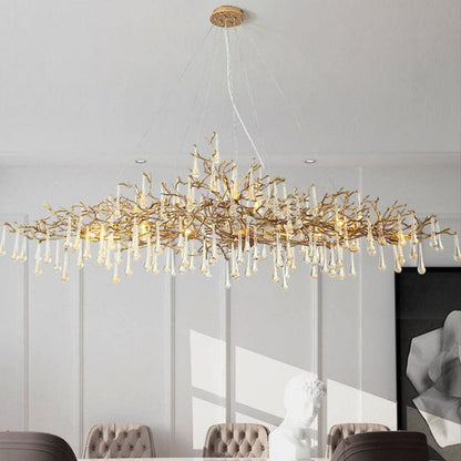 Arcadia Clear Teardrop Oval Dining Branch Chandelier, Brass Branch Chandelier