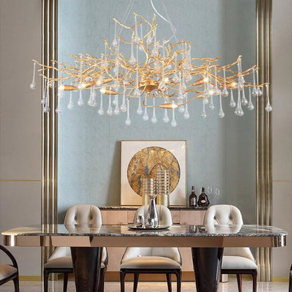 Arcadia Clear Teardrop Oval Dining Branch Chandelier, Brass Branch Chandelier