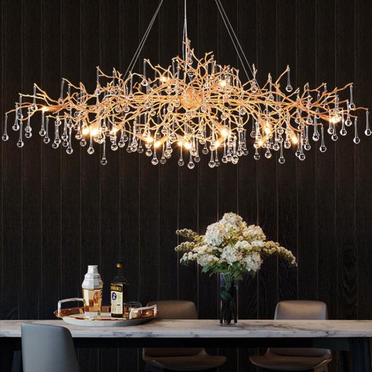 Arcadia Clear Teardrop Oval Dining Branch Chandelier, Brass Branch Chandelier