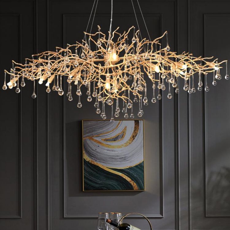 Arcadia Clear Teardrop Oval Dining Branch Chandelier, Brass Branch Chandelier