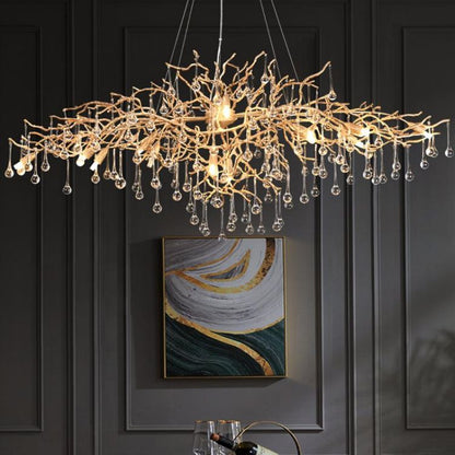 Arcadia Clear Teardrop Oval Dining Branch Chandelier, Brass Branch Chandelier