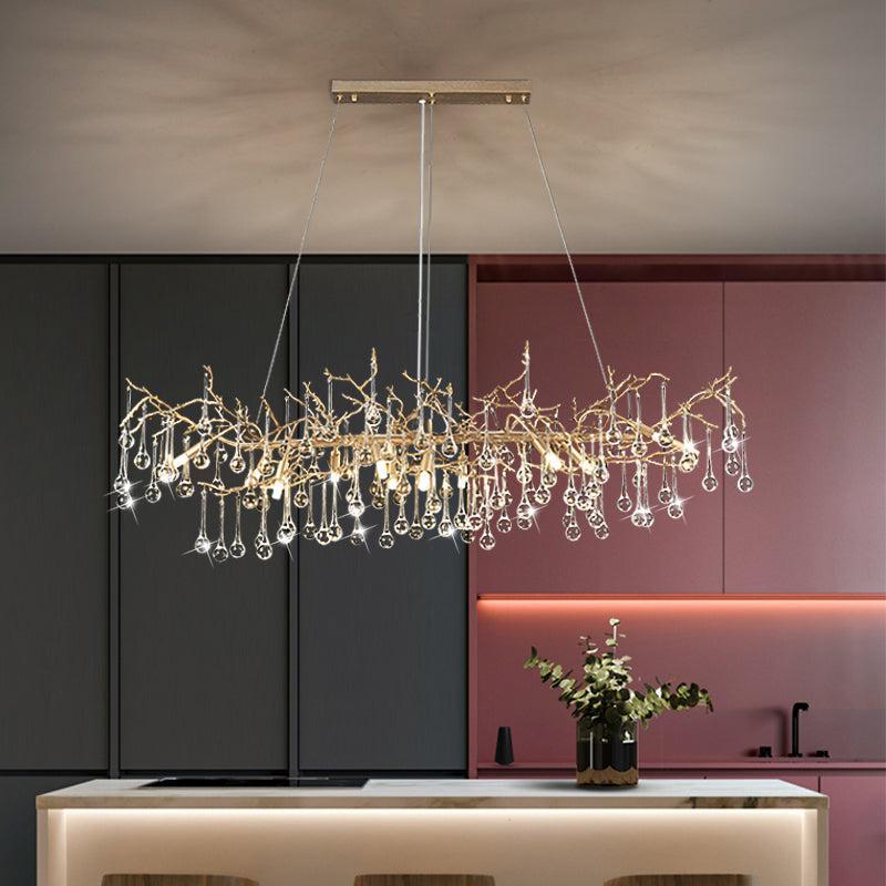 Teardrop Gold Contemporary Crystal Hanging Lighting Fixture For Dining Room