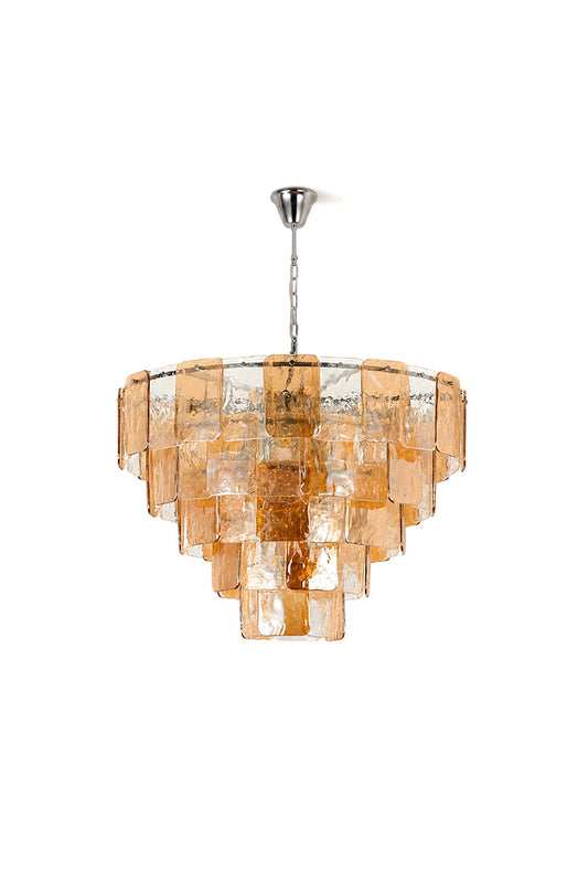 Lucia Tiered Amber Glass Chandelier | Glass, Metal | Isolated lit product view of a luxury modern tiered chandelier featuring cascading concentric layers of textured amber glass panels on a polished chrome frame | White background | vexa lamps