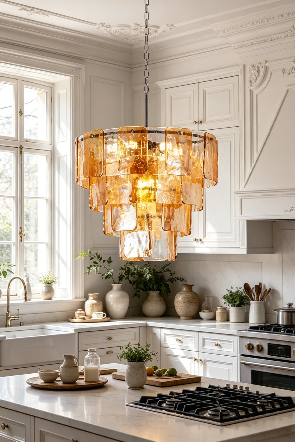 Lucia Tiered Amber Glass Chandelier | Glass, Metal | Positioned as luxury overhead statement lighting in a bright white kitchen above a marble island counter | vexa lamps
