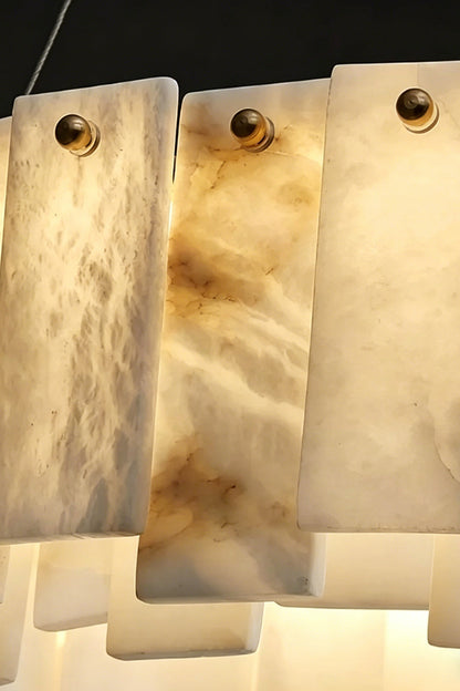 Chandelier Detail | Alabaster, Brass | Close-up of translucent alabaster slats and pins | vexa lamps