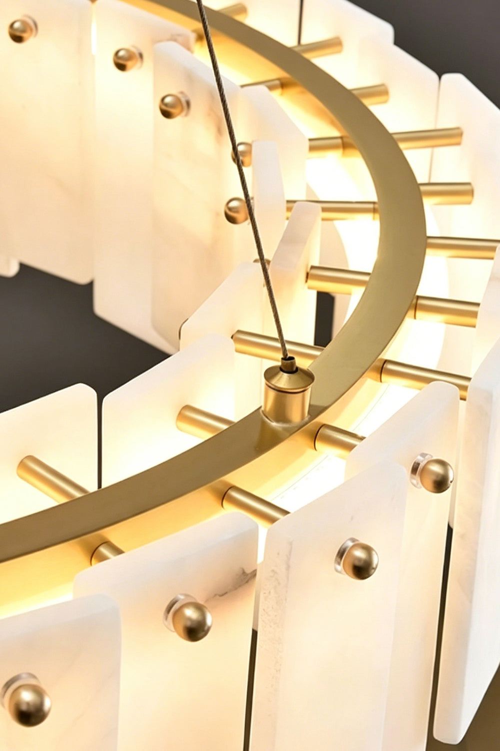 Chandelier Detail | Alabaster, Brass | Top view of circular brass frame and wires | vexa lamps