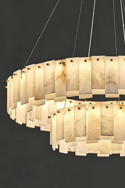 Chandelier Detail | Alabaster, Brass | Side perspective of lit two-tier structure | vexa lamps