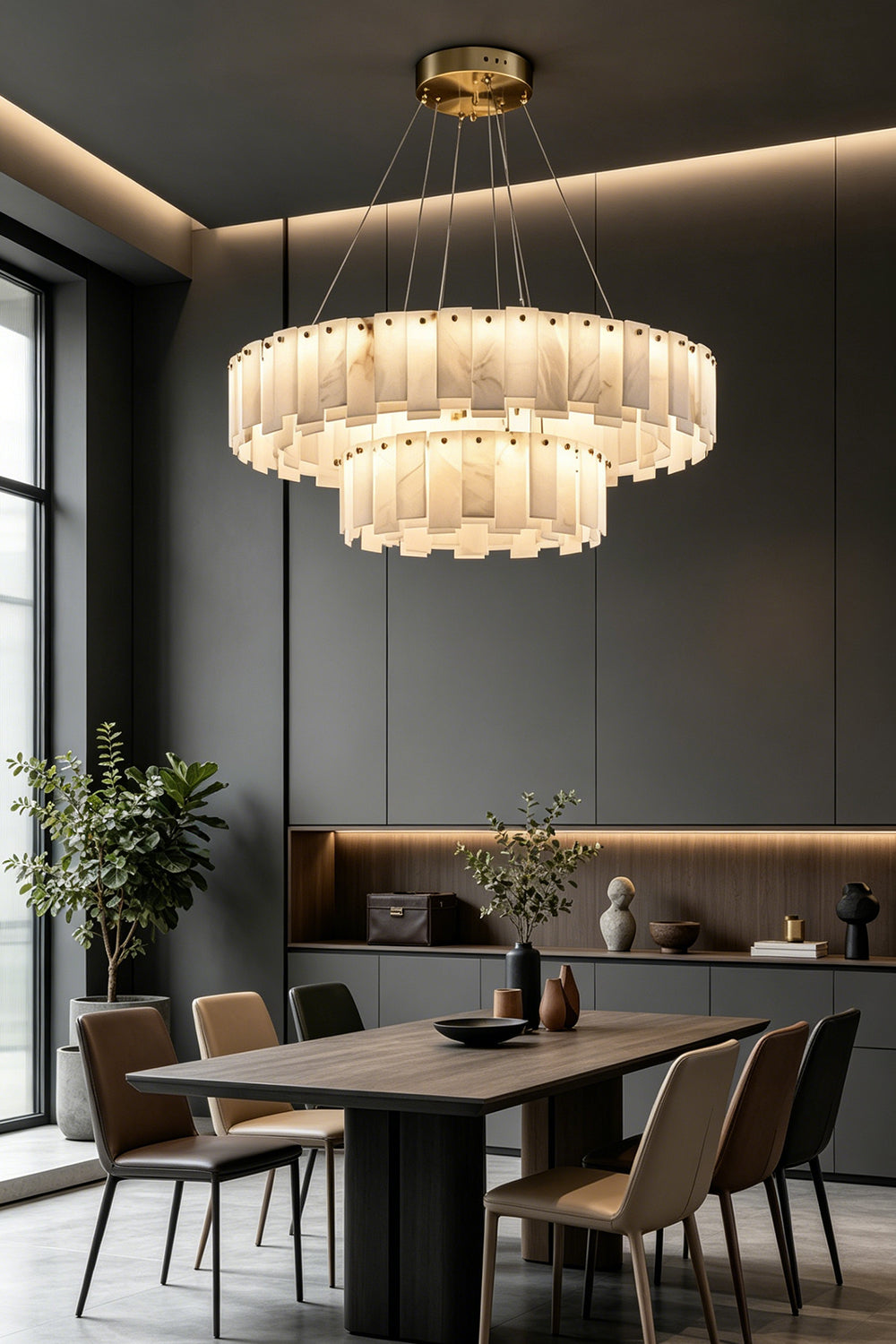 Luminous Alabaster Halcyon Chandelier | Alabaster, Brass | Double-tier fixture over long dining table | vexa lamps