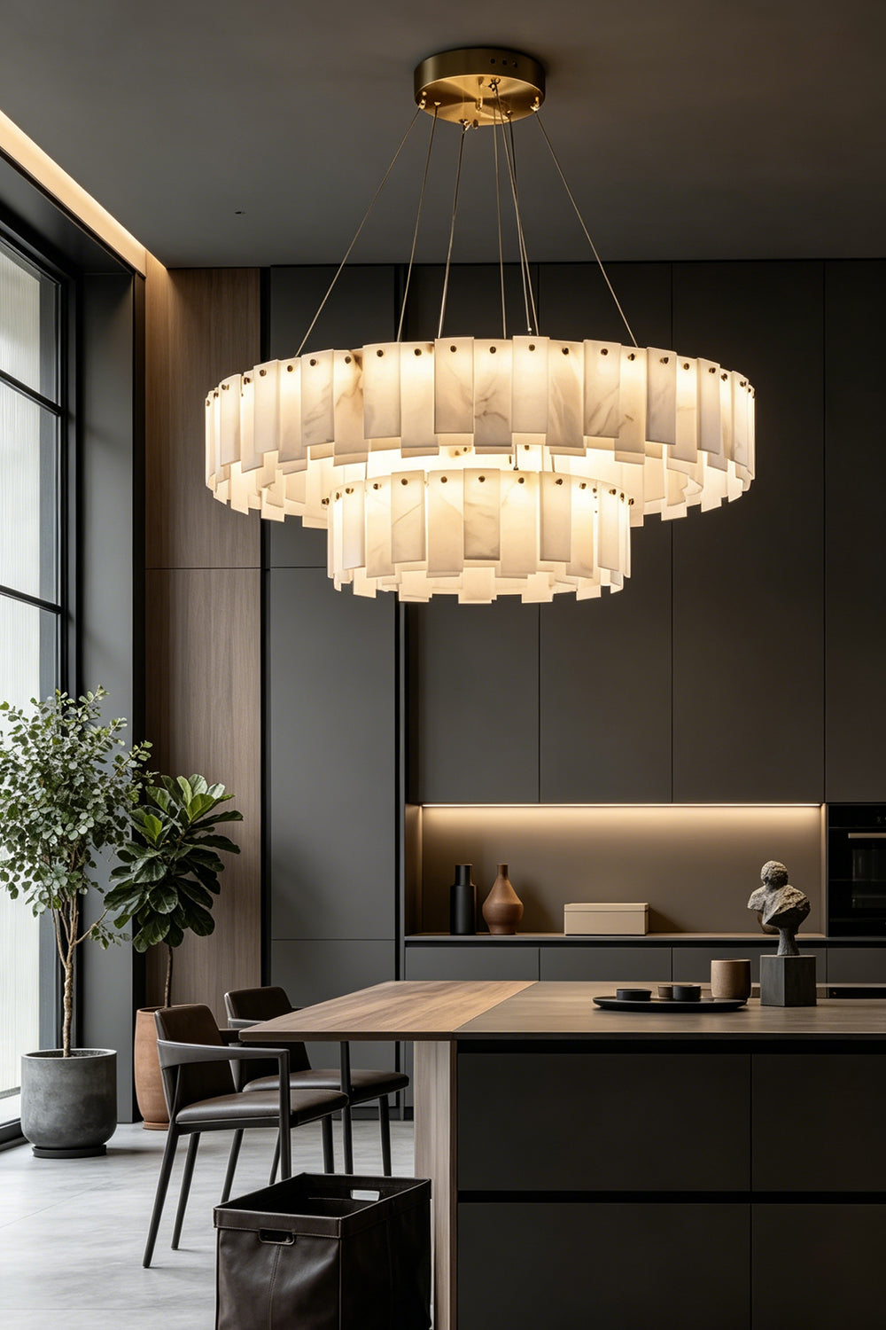 Luminous Alabaster Halcyon Chandelier | Alabaster, Brass | Luxury lighting over contemporary kitchen island | vexa lamps