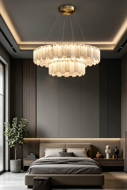 Luminous Alabaster Halcyon Chandelier | Alabaster, Brass | Two-tier chandelier in upscale bedroom setting | vexa lamps