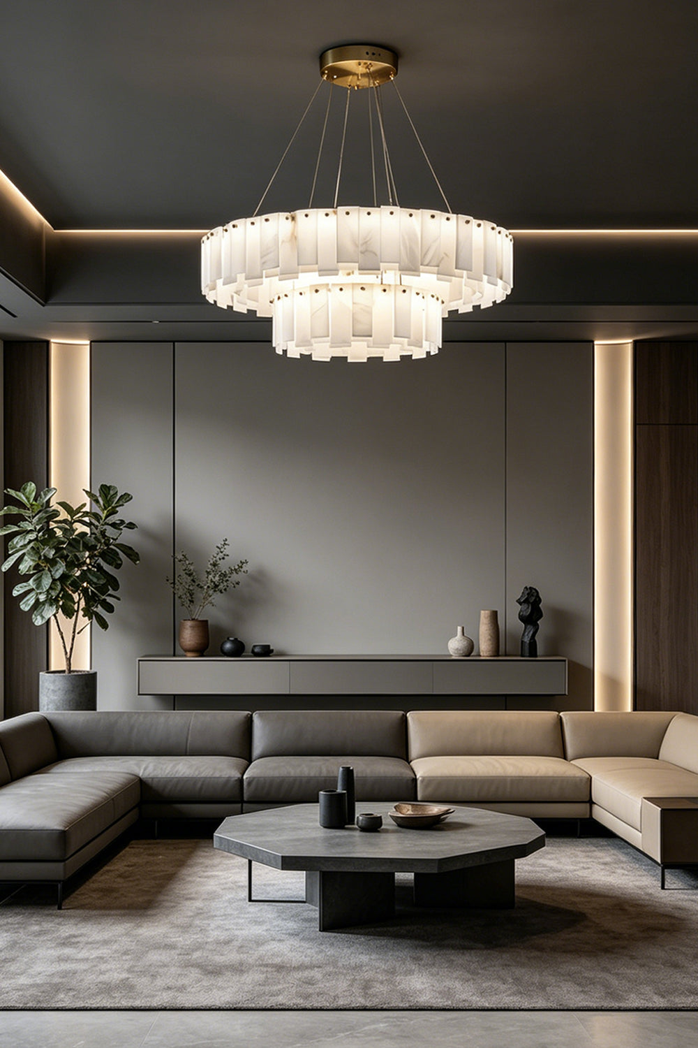 Luminous Alabaster Halcyon Chandelier | Alabaster, Brass | Two-tier version in modern dark living room | vexa lamps