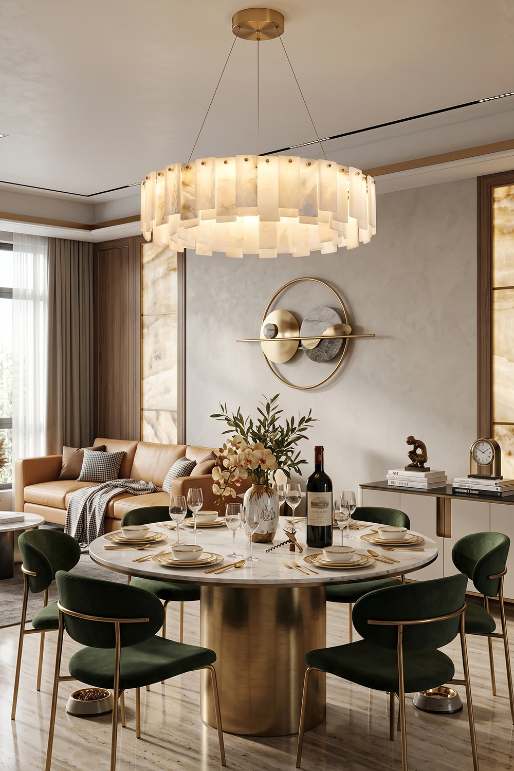 Luminous Alabaster Halcyon Chandelier | Alabaster, Brass | Elegant lighting over circular dining set | vexa lamps