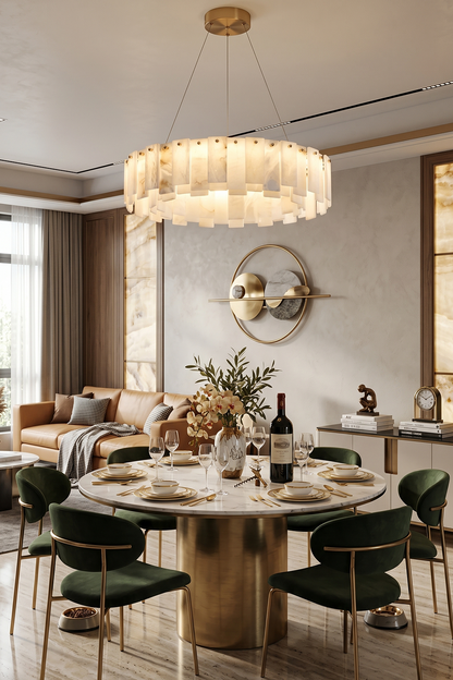 Luminous Alabaster Halcyon Chandelier | Alabaster, Brass | Elegant lighting over circular dining set | vexa lamps
