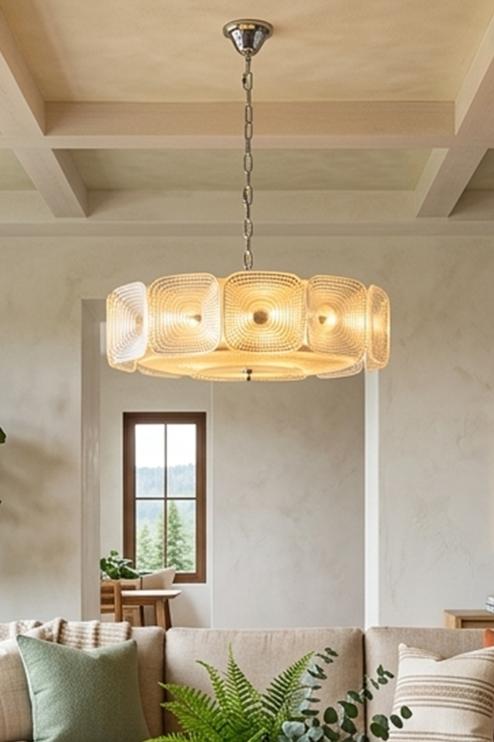 Lyra Geometric Glass Chandelier | Glass, Metal | Low-angle interior view focusing on the glowing glass ring chandelier suspended from a clean ceiling in a modern home | vexa lamps